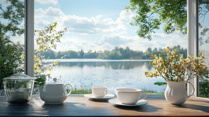 Tea set and flowers with lake view through a window