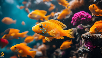 Obraz premium Lively School of Anthias Swimming Among Vibrant Coral Reef Ecosystem