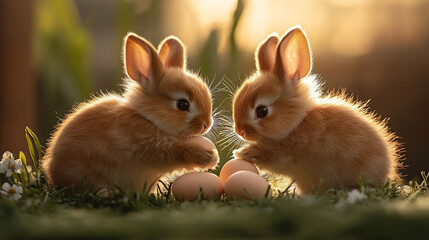 Fototapeta premium Two Cute Bunnies Near Easter Eggs in a Meadow at Sunset
