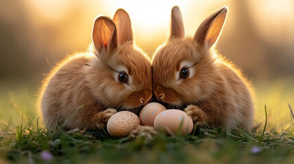 Fototapeta premium Two Cute Bunnies Near Easter Eggs in a Meadow at Sunset