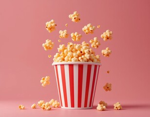 Popcorn Overflowing From Striped Bucket on Pink Background, Cinematic Treat
