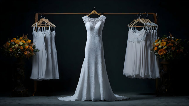 Elegant White Wedding Gown Displayed On Golden Rack With Floral Arrangements