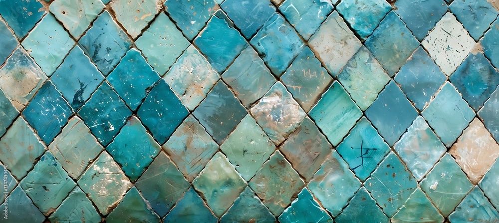 Poster background with rhombus grid in alternating shades of turquoise and teal – empty template for web ba
