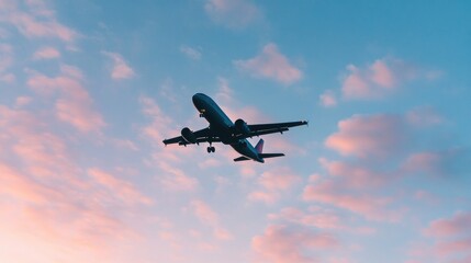 Obraz premium Airplane Landing, Sunset Sky, Aerial View