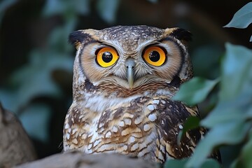 Obraz premium Majestic owl perched among lush foliage showcasing striking orange eyes and distinctive feathers in natural habitat