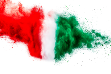 Powder explosion in the colors of the Italian flag, cut out transparent