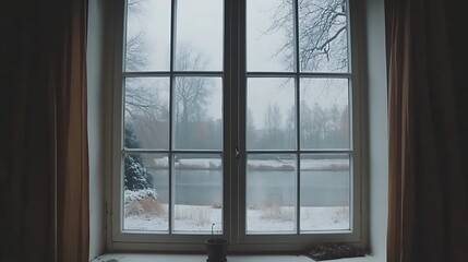 Winter's Tranquil Gaze Through a Historic Window.