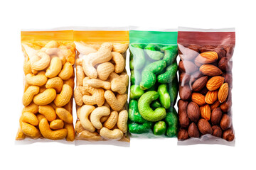 Assorted nuts in plastic bags, flavorful snacks, healthy food, cut out transparent