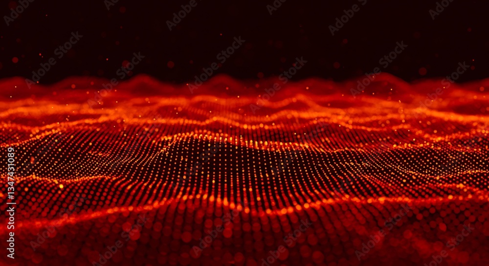 Poster fiery digital wave flowing red particle grid abstract technology background