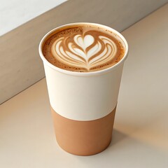 Delicious latte art in a tall paper cup, a comforting warm beverage with creamy foam design.