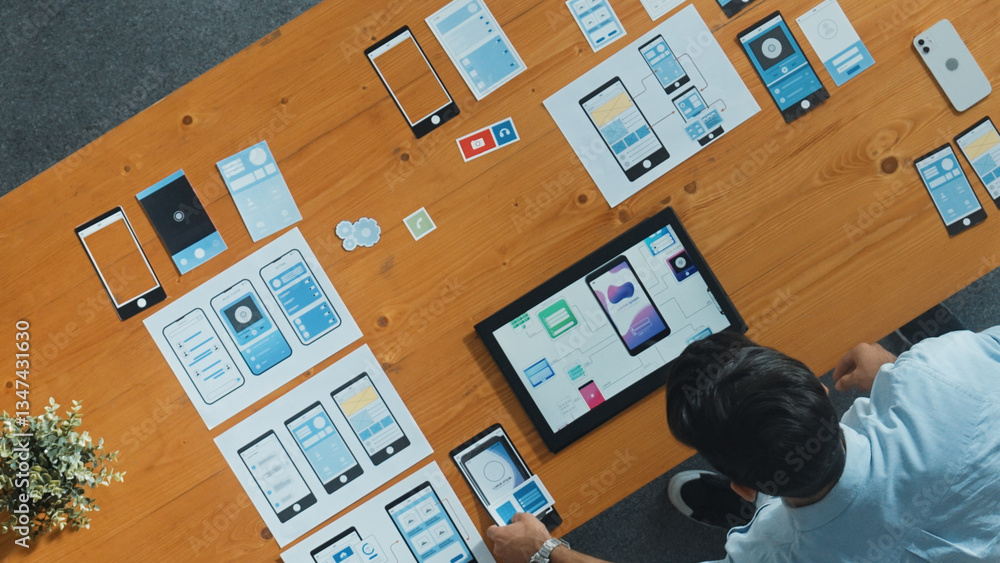 Poster top view of skilled developer walking and placing ux ui software. smart business man put tablet on m