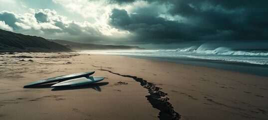 Stormy beach scene with surfboards