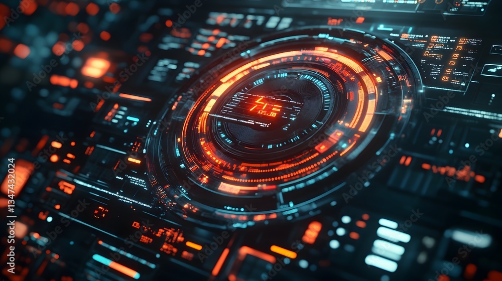 Poster a futuristic digital control panel with vibrant glowing lights. the panel is filled with intricate d