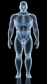 Man's full body digital wireframe model for medical reference or educational use on black background
