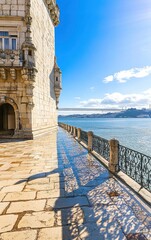 Exploring Belem Tower in Lisbon Portugal with River View on Sunny Day