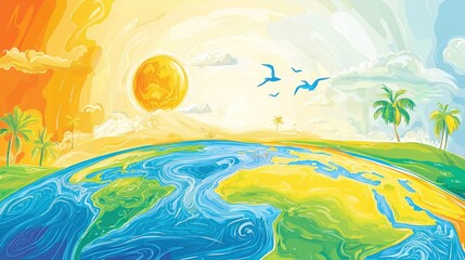 Naklejka premium Colorful Earth Globe, Sunrise Over Continents