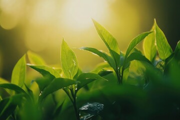 Obraz premium Fresh Green Tea Leaves Growing in the Morning Sunlight on Plantation