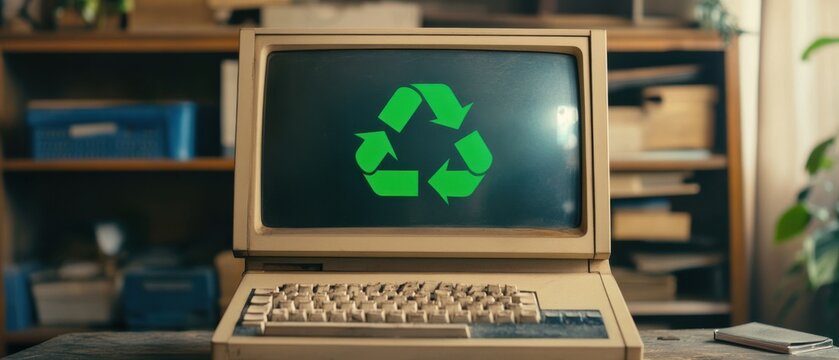 Vintage computer displaying green recycling symbol on screen, concept of ewaste, environmental awareness, and sustainable technology