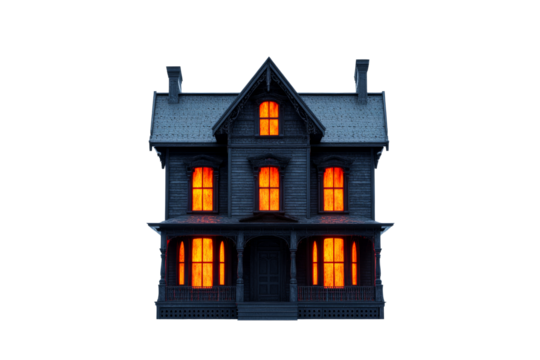 Spooky dark haunted house with glowing windows at night, cut out transparent