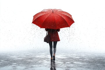 Red umbrella brightens the rainy city street as a person walks during a downpour in the early evening light