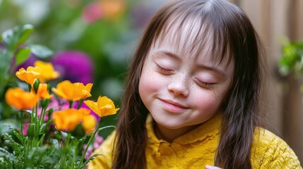 Naklejka premium A young girl, eyes closed, enjoying flowers