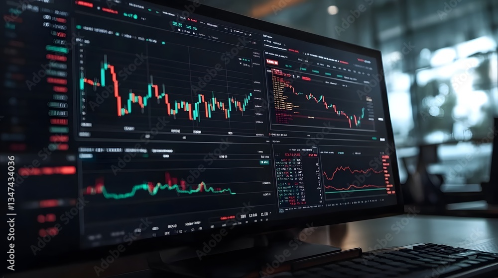 Poster a close-up of a computer screen showing a stock market trading platform with graphs and charts