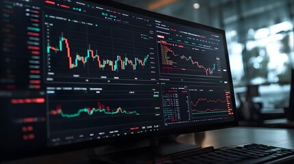 a close-up of a computer screen showing a stock market trading platform with graphs and charts