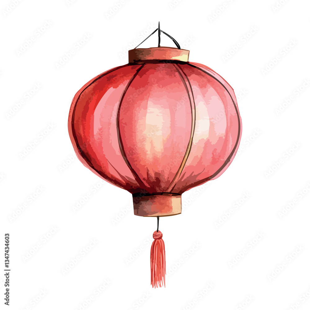 Poster beautiful red lantern with a red tassel hanging from it. the lantern is hanging from a string.