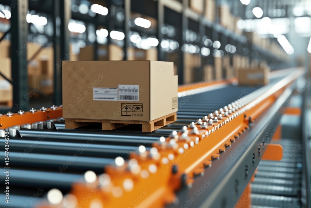 Poster a cardboard box moves along a conveyor belt in a warehouse, showcasing efficient logistics and autom