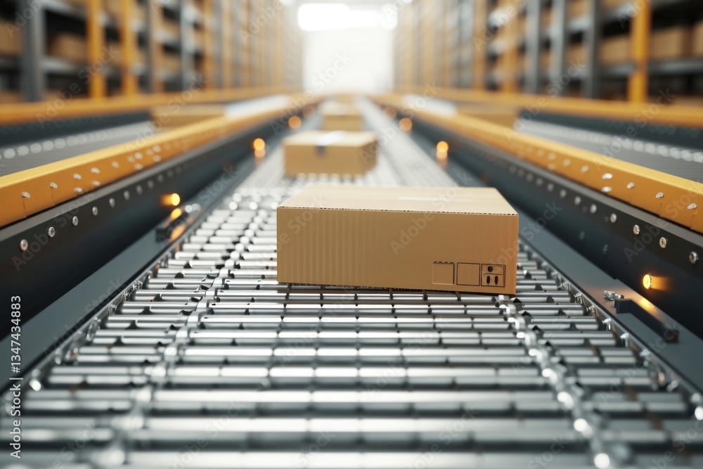 Poster cardboard box on a conveyor belt in a warehouse, showcasing efficient automated package handling.