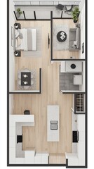 Apartment plan design. Top view of furnished condo with balcony. Residence design and real estate