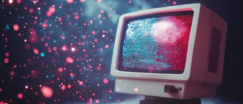 Retro computer screen displaying glitch art with bokeh lights, concept of vintage technology, digital art, and abstract background