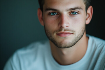 Obraz premium Portrait of a young man with blue eyes and a beard looking directly at the camera in soft lighting