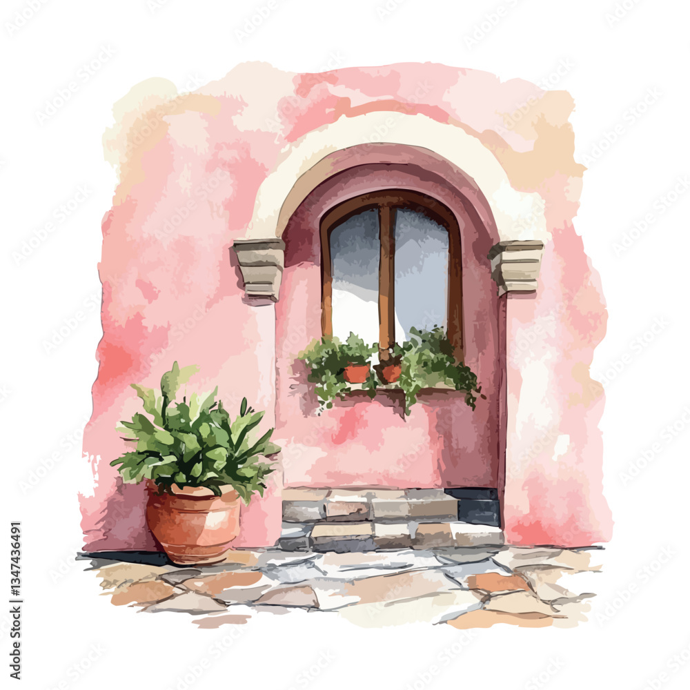 Aufkleber pink building with a window and a planter. the window is open. the planter is filled with flowers.