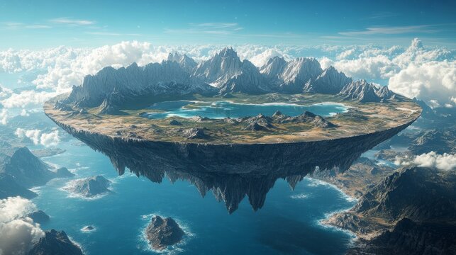 A flat Earth model with a flat horizon, surrounded by oceans and distant mountains