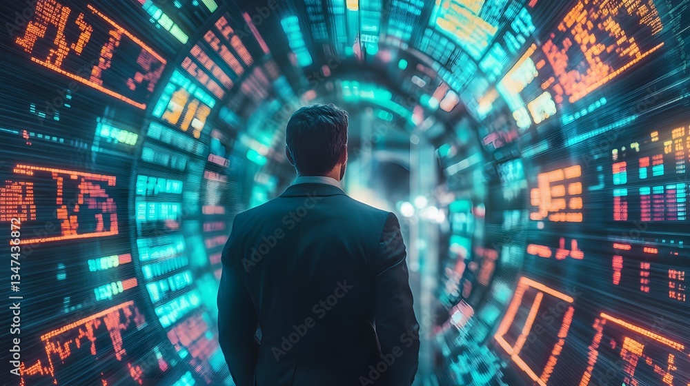 Poster a man in a suit walking into a futuristic tunnel with illuminated screens. the screens display data 