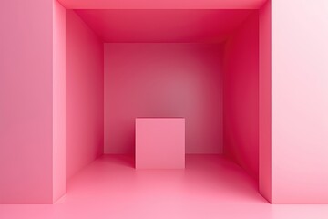 Minimalist pink room interior with a single cube in the center, showcasing clean lines and simple design.