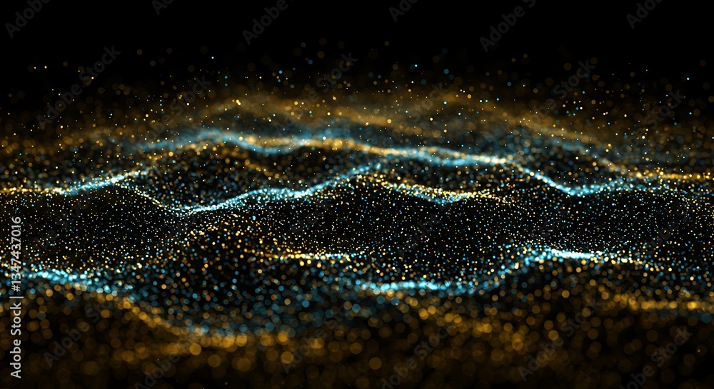 Poster abstract golden blue particles flowing in dark space shimmering bokeh background