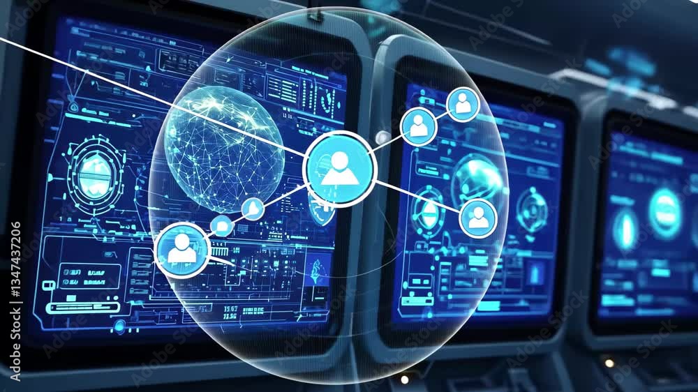 Poster digital screens displaying science data in a high-tech laboratory setting with a blue background, di