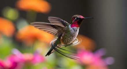 A hummingbird flying in a spiral.
