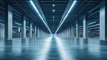 Fototapeta premium Empty warehouse interior with illuminated pillars and metal ceiling.