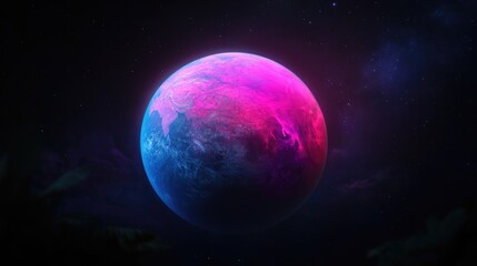 Vibrant Neon Planet Against a Starry Night Sky in a Futuristic Scene