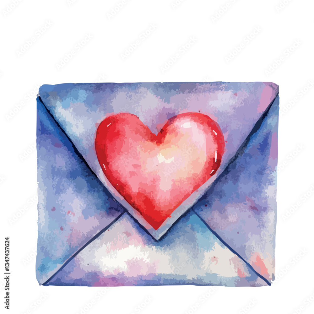 Poster blue envelope with a red heart drawn on it. the heart is placed in the middle of the envelope.