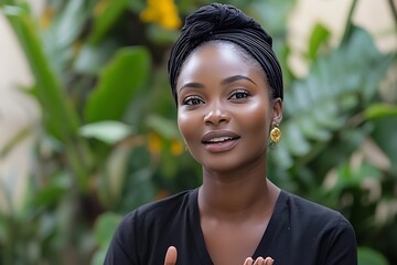 Woman outdoors, portrait, smiling, black attire