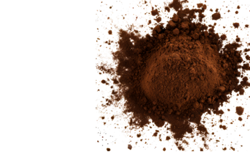 Earthy brown powder spills elegantly across a black void, cut out transparent