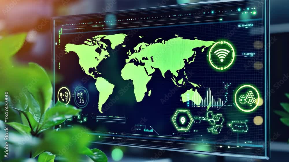 Poster Digital processing of eco icons and data visualizations over a world map in a tech environment, eco icons and digital data processing over scope and screens