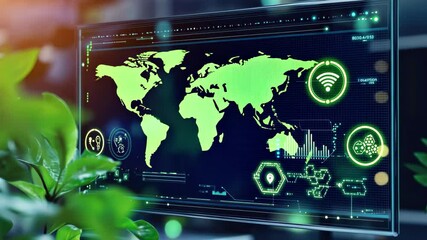 Digital processing of eco icons and data visualizations over a world map in a tech environment, eco icons and digital data processing over scope and screens - Powered by Adobe