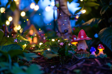 A charming miniature garden scene, featuring red-capped mushrooms and glowing lights set amongst vibrant green foliage. The enchanting ambiance evokes a sense of fantasy and wonder.