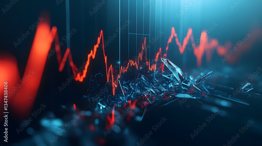 Poster an abstract, digital representation of a financial graph with red lines on a dark background. the li