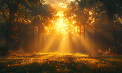 Sunlight Streaming Through Trees Illuminating a Serene Forest Clearing

